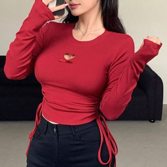 Dazy Tops - Dazy Red long sleeve top with heart cutout and ruching